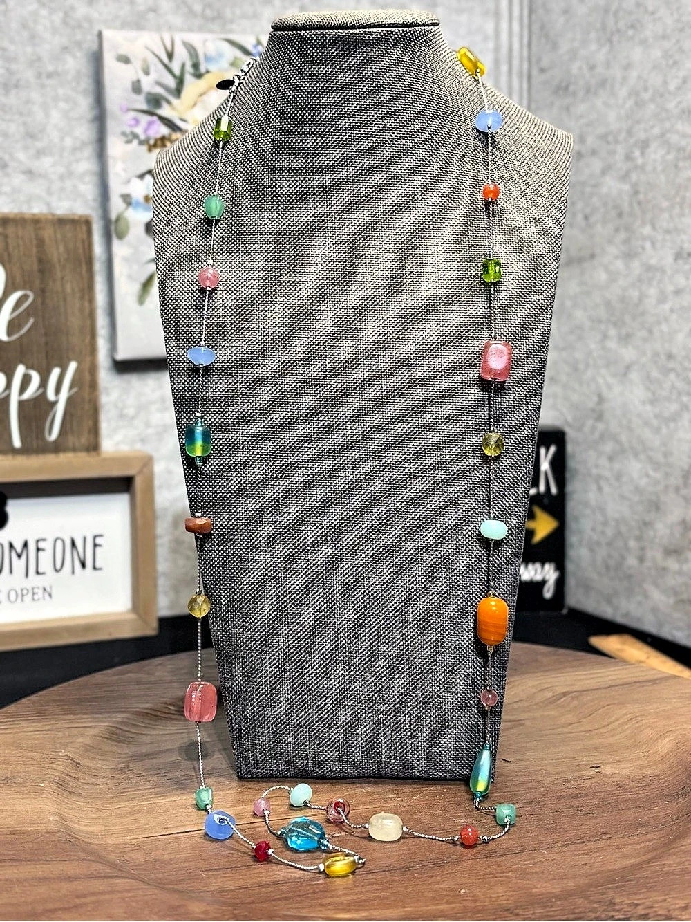 Beautiful Vintage Lia Sophia station glass beaded, long, silver tone necklace
